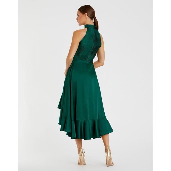 Mac Duggal Size 2 Green HALTER NECK FLOWER DETAIL RUFFLED MIDI Cocktail DRESS - Picture 3 of 9